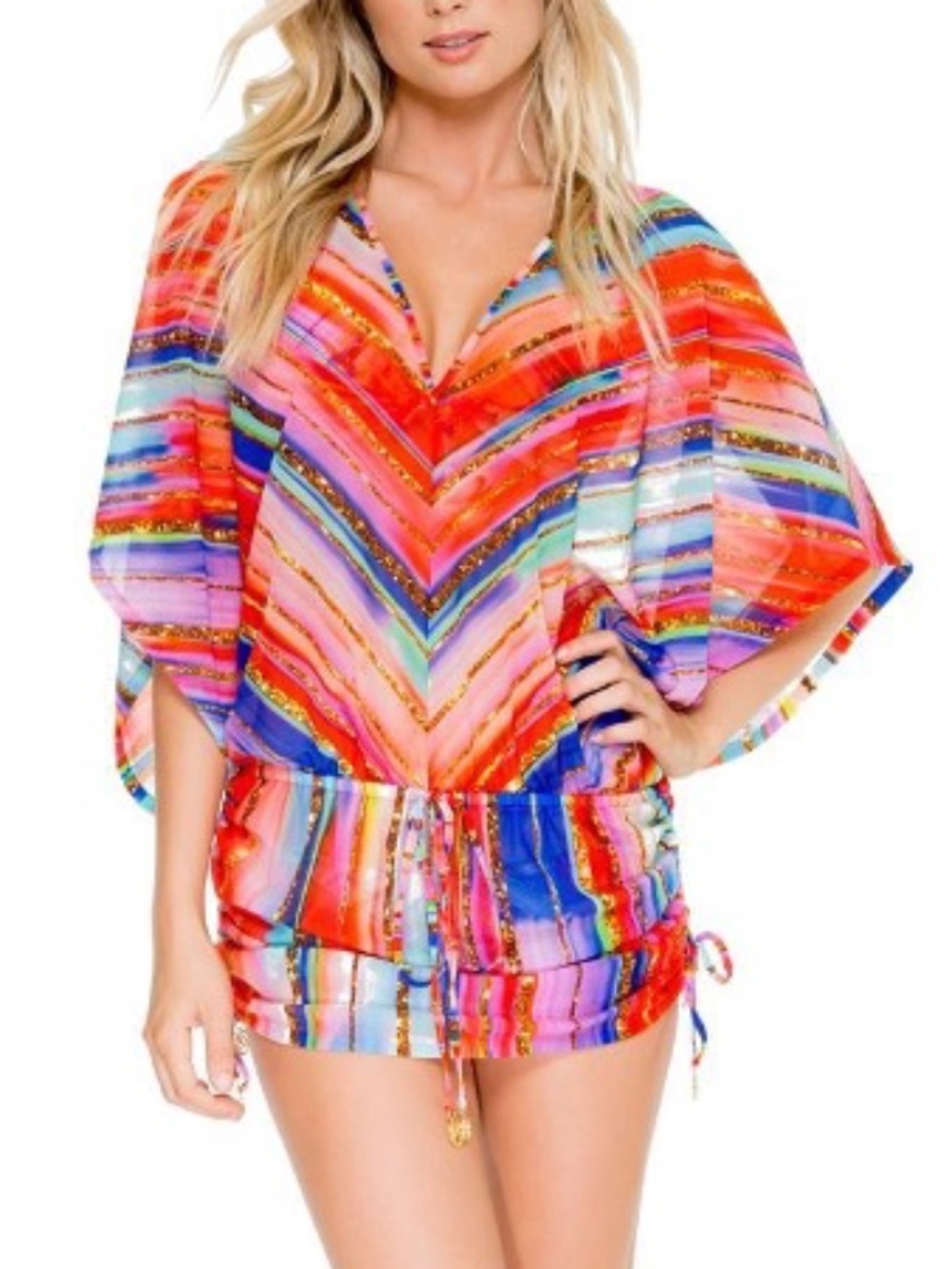 Luli Fama Bellamar Multicolor Sheer Swim Cover Up Mini Dress V Neck Beach Size S